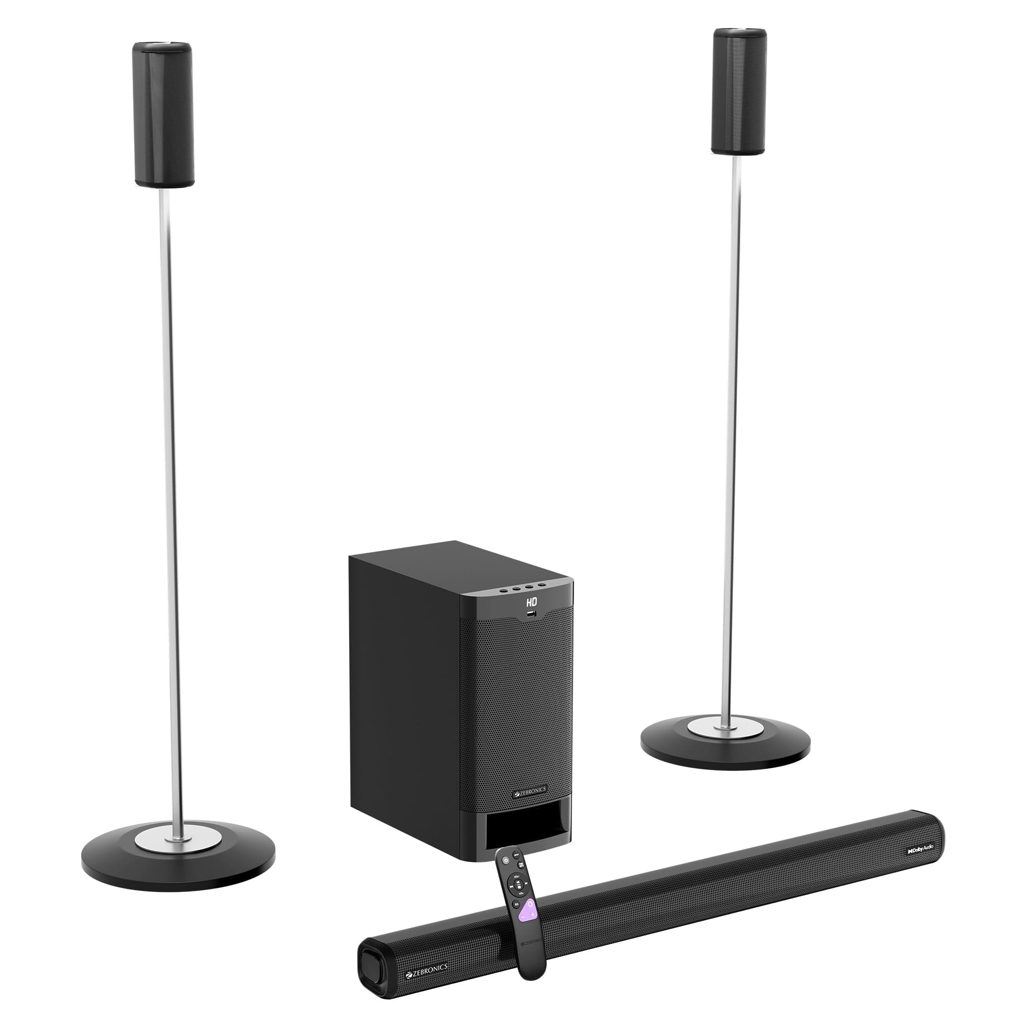 Zebronics Juke BAR 9535 525W Soundbar, Dolby Audio, 5.1 CH Surround Sound, Floor-Stand Satellites, 16.51cm Subwoofer, 3 Driver Soundbar, HDMI ARC, Optical, BT v5.0, LED Display