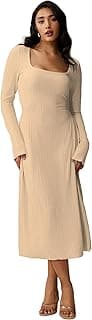 Shasmi Women’s Square Neck A-Line Dress – Long Sleeve, Tie Waist, Knitted Stretchable, Casual & Office Outfit, Solid Winter Midi Dress for Women (Dress 221)