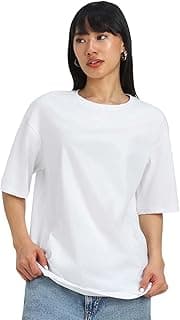 JUNEBERRY Pure Cotton Oversized Baggy Fit Half Sleeve Drop Shoulder Plain Solid Round Neck T-Shirt for Women (Available in Black, White, Lilac, Cork, Maroon, Royal Blue, Swan White, Soap Nut Colors)