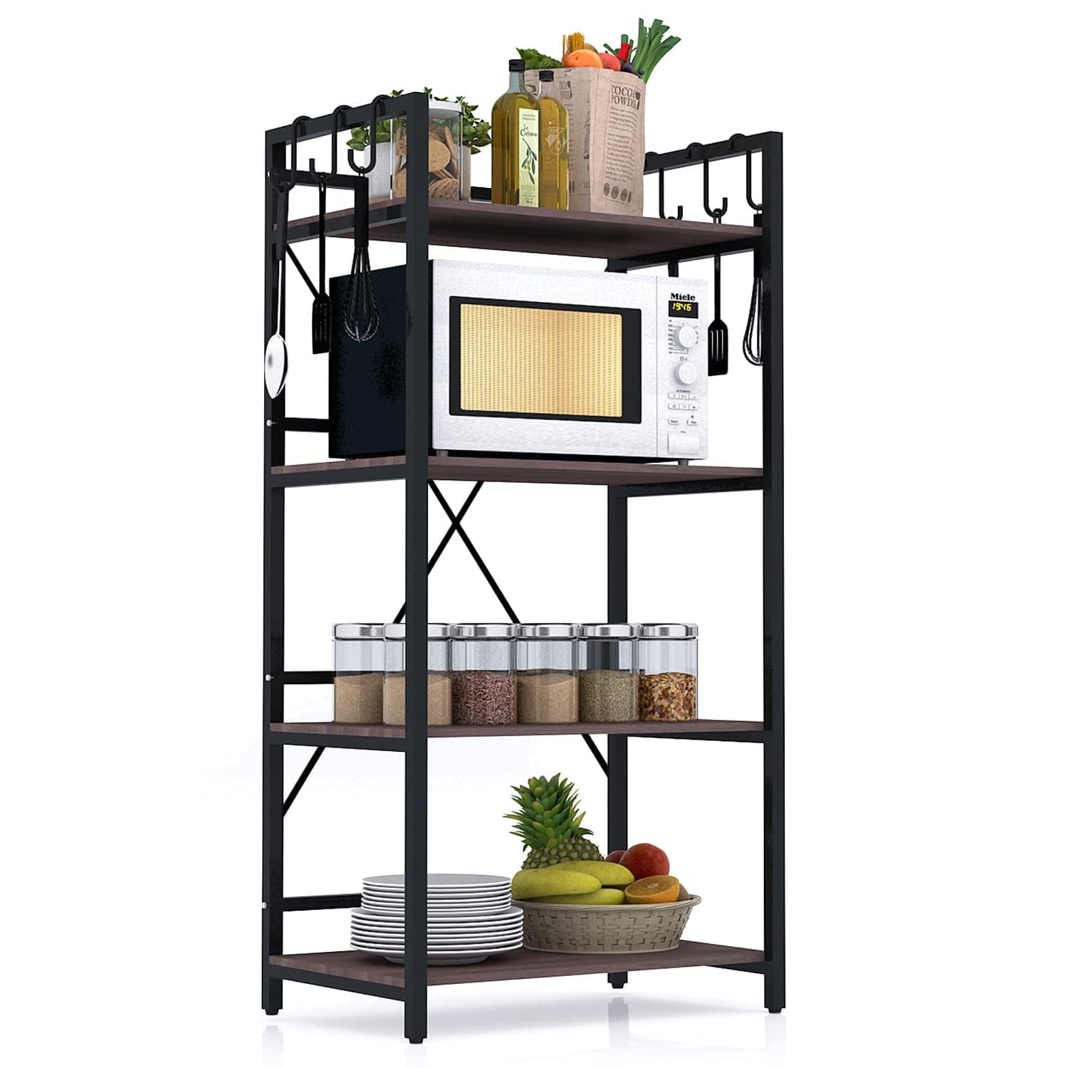 wow craft 4-Layer Kitchen Organizer Rack | Multipurpose Microwave Stand for Kitchen Platform & OTG Oven | Steel Utensils Storage Shelf with Hooks | Engineered Wood & Metal Rack for Home (130x60x40 cm)