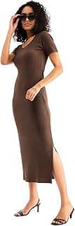 SASSAFRAS BASICS Women’s Ribbed Bodycon Midi Slim Fit Square Neck Side Slit – Casual BasicDresses