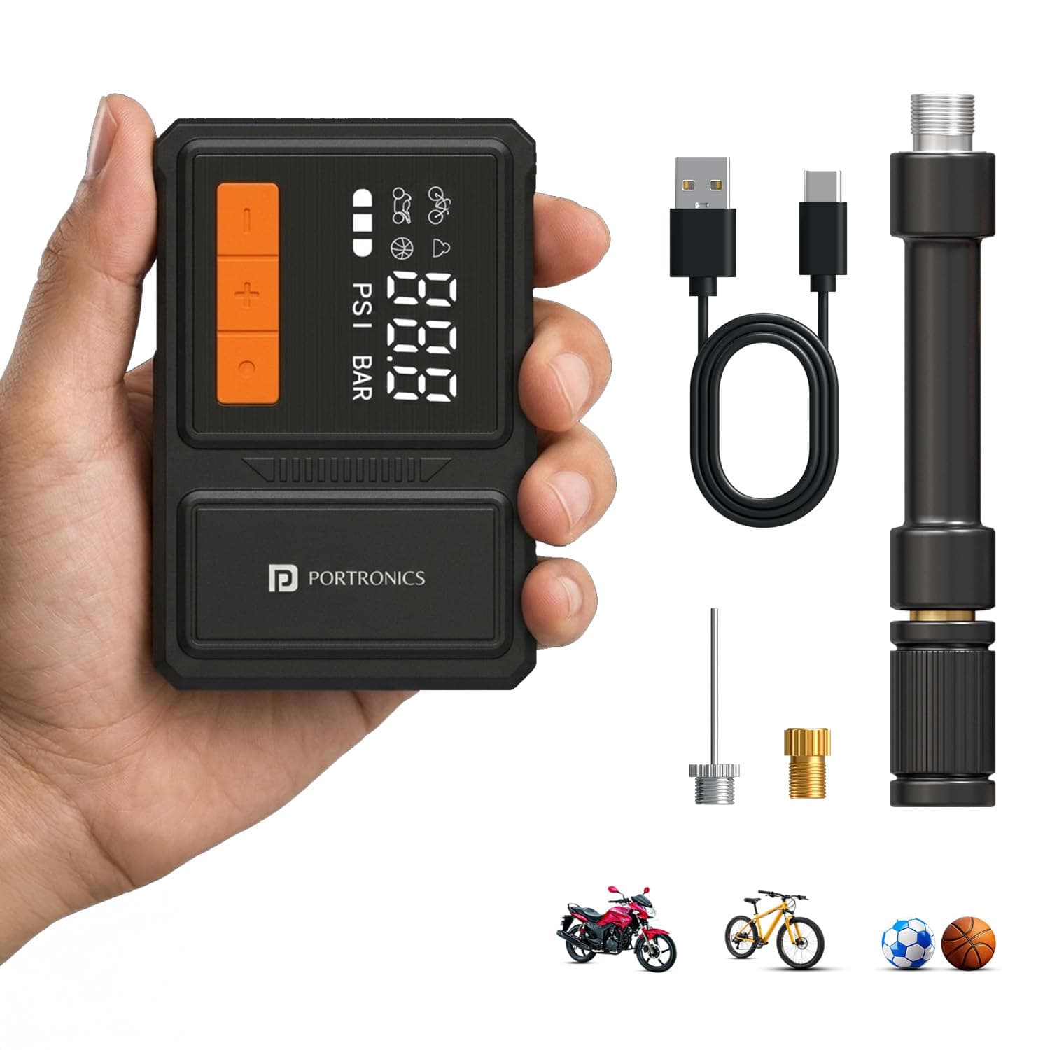 Portronics Vayu Nano Cordless Mini Tyre Inflator for Two-Wheelers, Dual 600 mAh Batteries, Up to 120 PSI Pressure, 7.5 cm Air Hose, Digital Display, Auto Shut-Off, Type-C Charging, LED Light with SOS