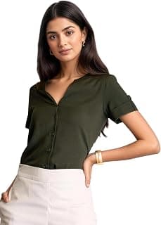 FableStreet Women Formal Top | Asymmetrical Button Placket Band Collar Three-Quarter Sleeves | Pure Cotton Smooth Fabric for Office & Workwear