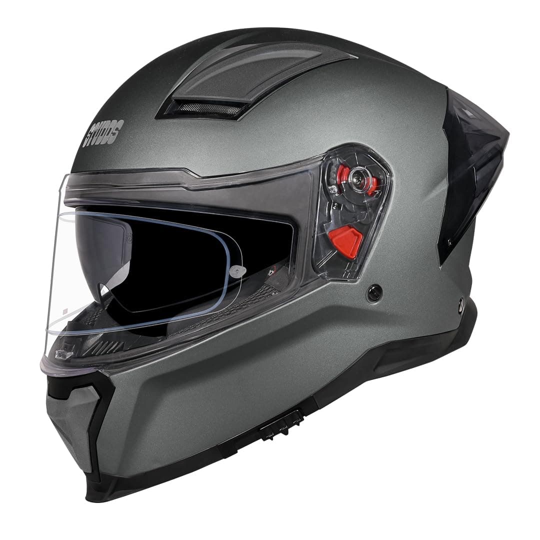 STUDDS Helios ISI and DOT Certified Full Face Helmet with Antifog 100 Lens, Sporty Spoiler (MATT Gun Grey - XL)