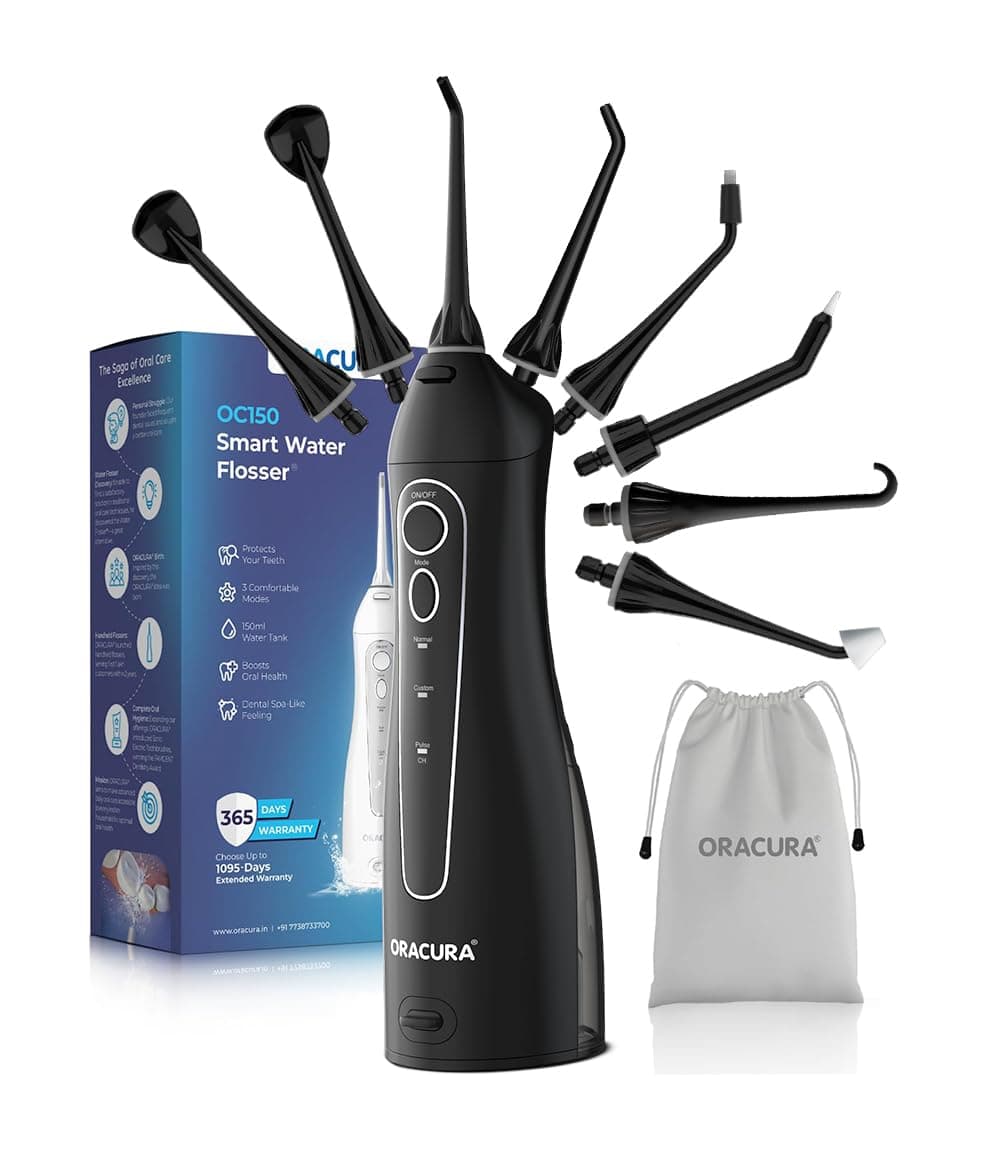 ORACURA OC150 Dental Pro Smart Water Flosser for Teeth (Black, 8 Tips) | Portable & Rechargeable Oral Irrigator | 3 Modes, 8 Pressure Levels, 150ml Tank, IPX7 Waterproof, 365 Days Warranty
