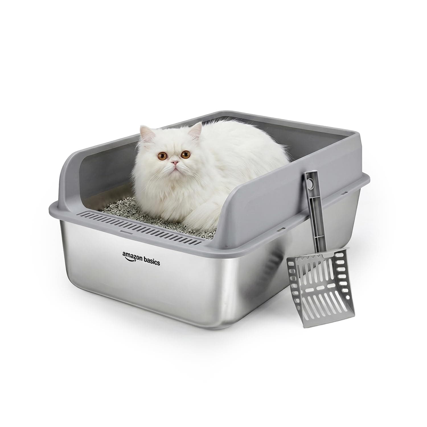 Amazon Basics Stainless Steel CAT Litter Box with Elevated Anti-Splash PP Guard Gray Open-TOP Easy-Clean Litter Tray for Cats 60.0 (L) x 37.8 (W) x 24.4 (H) CM