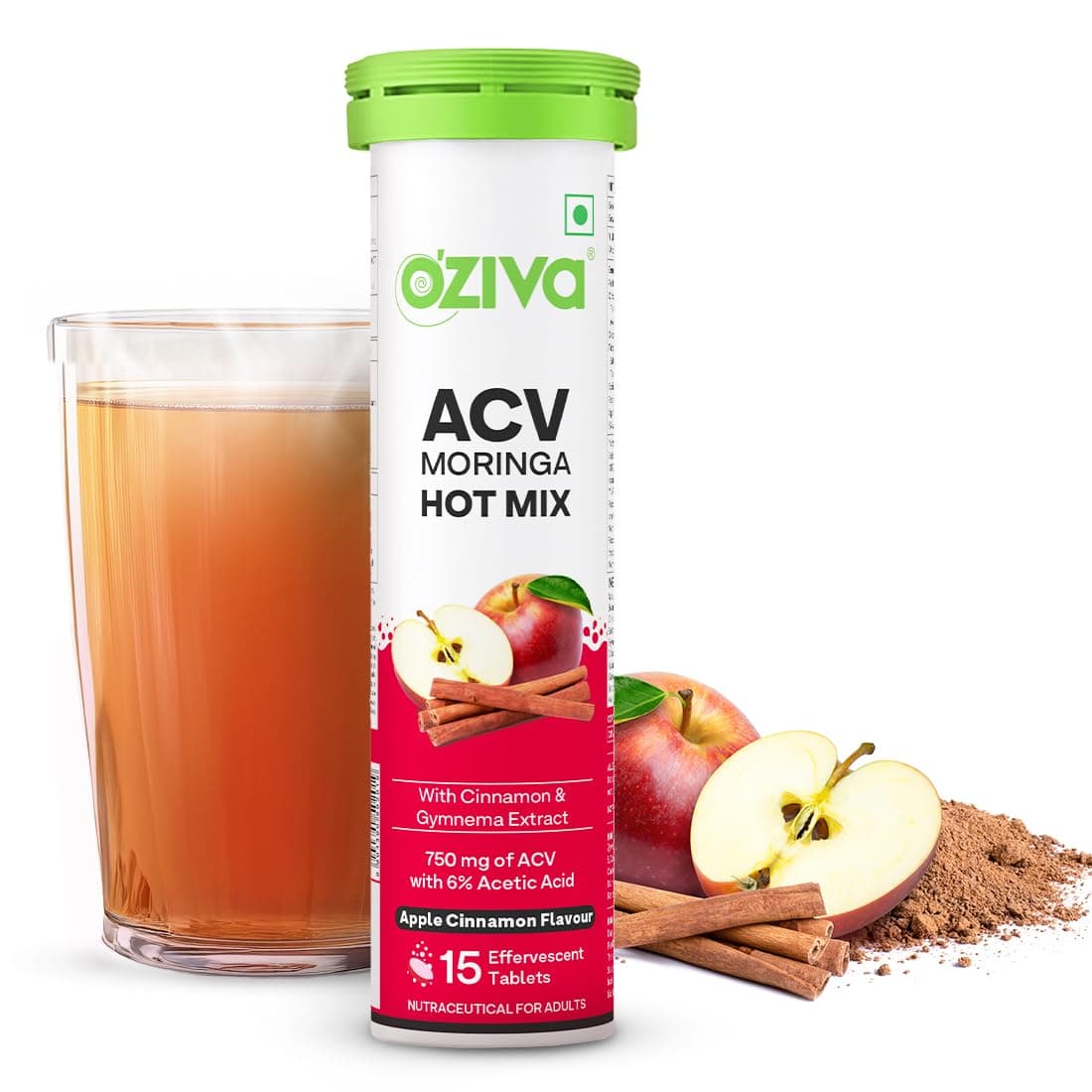 OZiva ACV Moringa Hot Mix Tablets, Boost Metabolism, Apple Cinnamon | Control Cravings, Apple Cider Vinegar, 15 Effervscent Tablets, Cinnamon, Moringa