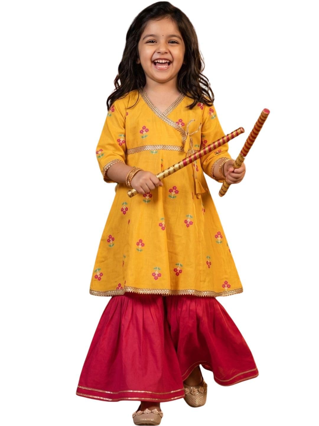 Adiva Kids Cotton 3/4th Sleeve Kurta Sharara Set for Girls - Ethnic Wear | Festival Wear - Floral Pattern, Regular Fit