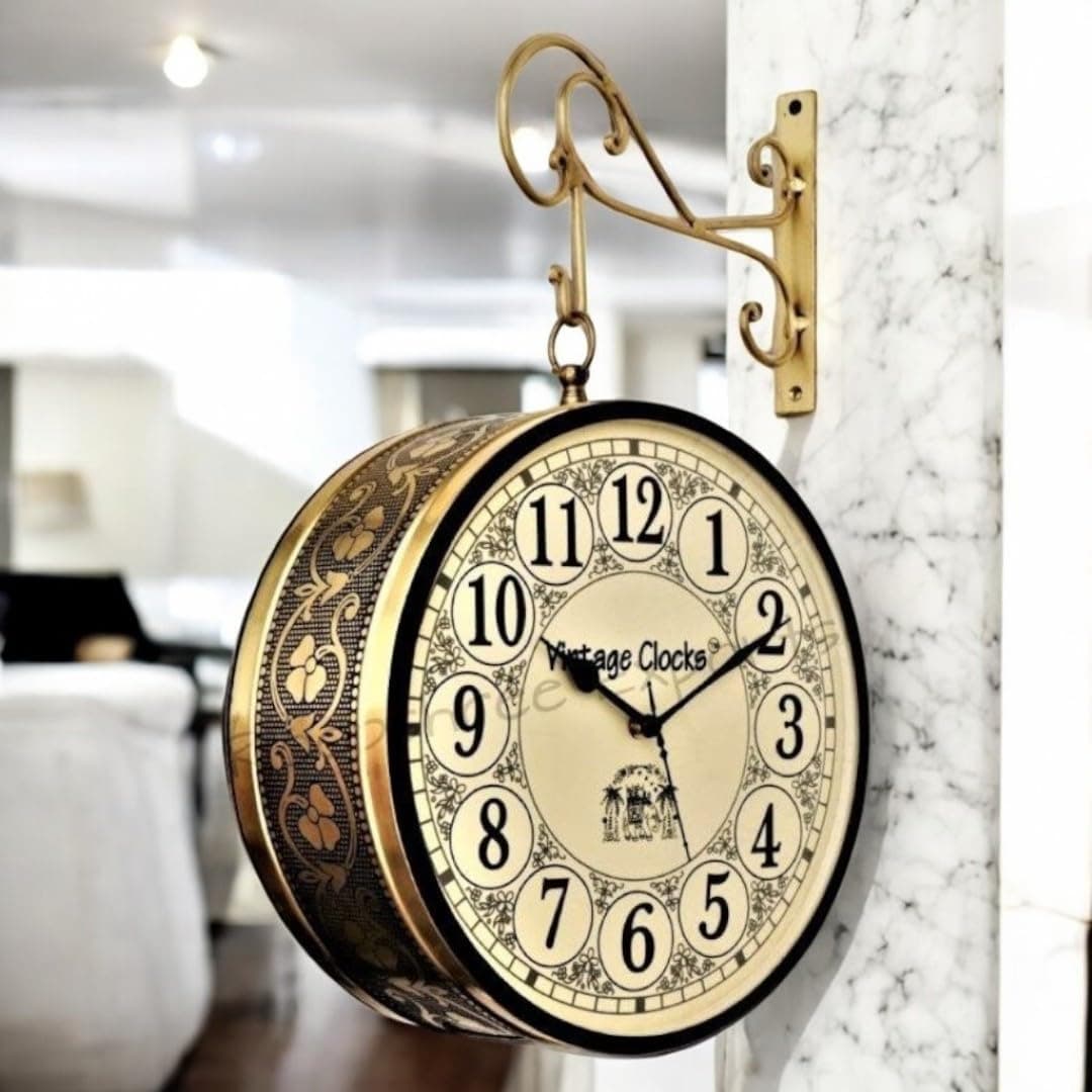 Vintage Clock Metal Double Side Hand-Crafted Gold analog Wall Clock / 12 Inch (30 CM's) / VC-6509-12(1)