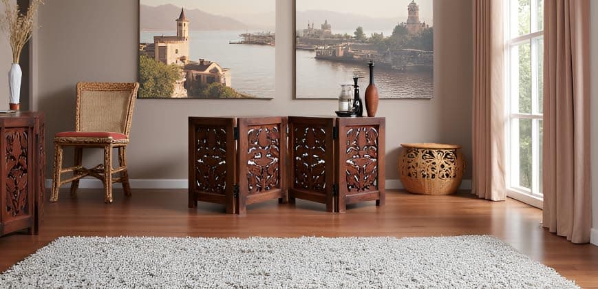PACIFIC ART & CRAFTS Cat, Dog Barrier, Wooden Dog Barrier, No Drilling, Folding Protective Gate for Front Door, Hallway, Stairs, Freestanding Pet Barrier (Small Partition 4 Panel)
