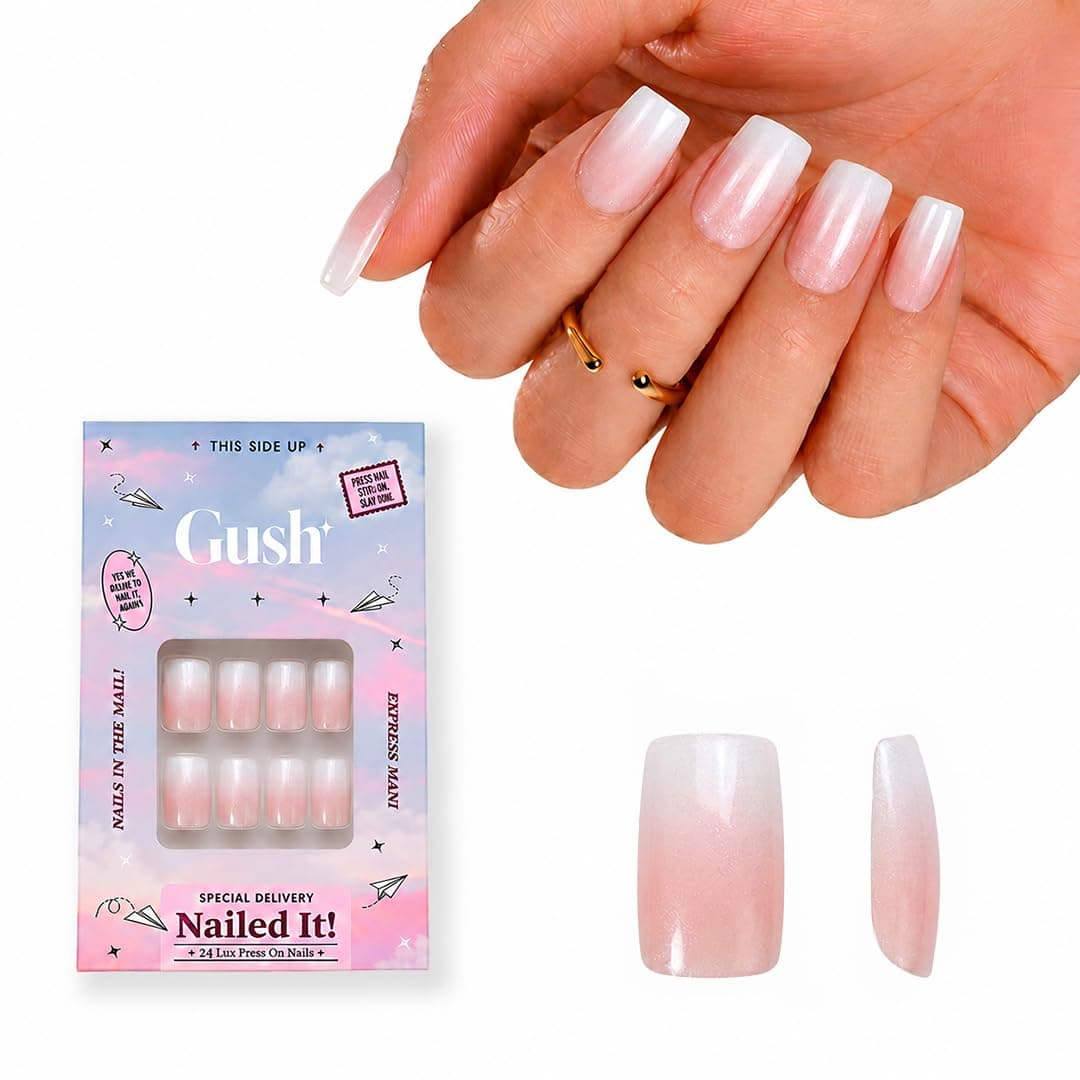 Gush Beauty Press On Nails, Reusable Pink Ombre - Medium Almond | 24 Pack | Salon-style reusable press on nails with glue & adhesive tabs included - long lasting design that applies in minutes.