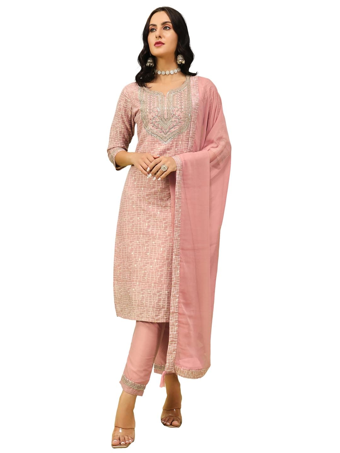 VredeVogel Women's Embroidered Chanderi Modal Butti Kurta Pant Set with Nazneen Dupatta