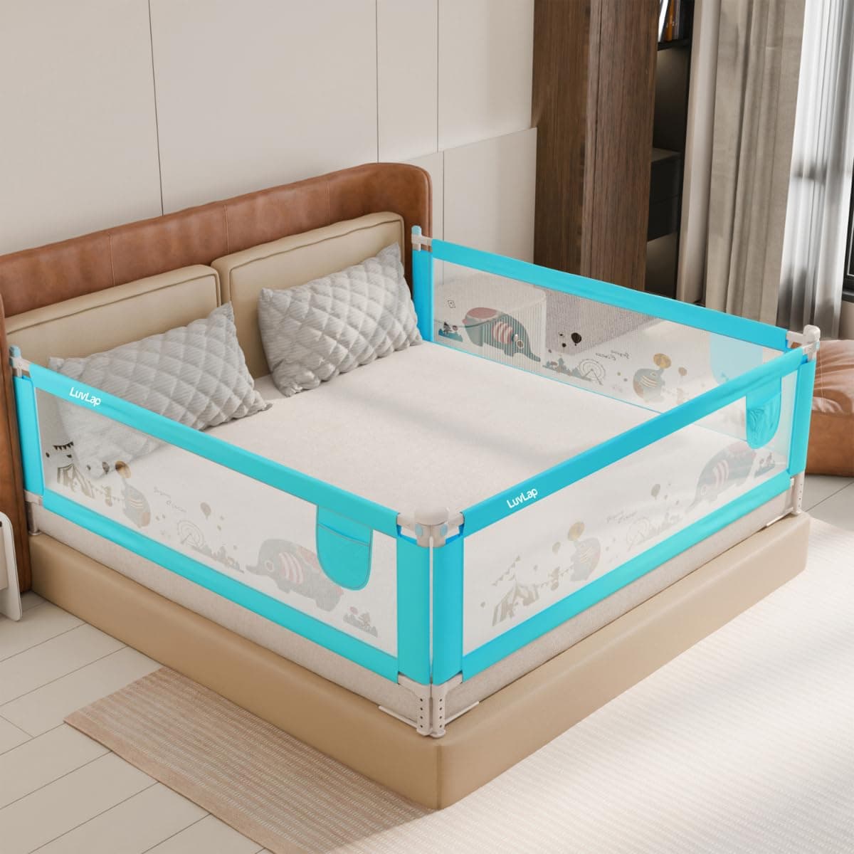 LuvLap Steel Bed Rail Guard for Baby/Kids Safety, 180Cm X 72 Cm(6Ft X 2.3Ft), Portable & Foldable, Baby Safety Essential, Adjustable Height, Fits All Bed Sizes (Green - Without Print) (Pack of 3)