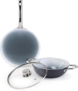 Wonderchef Eco-Glide Ceramic Cookware Set, Kadhai & Glass Lid-24cm, Dosa Tawa-28cm, Non-Toxic, Chemical & PFOA Free, Stainless-Steel Handle, Gas/Induction Compatible, Low Oil Cooking, 2-Year Warranty
