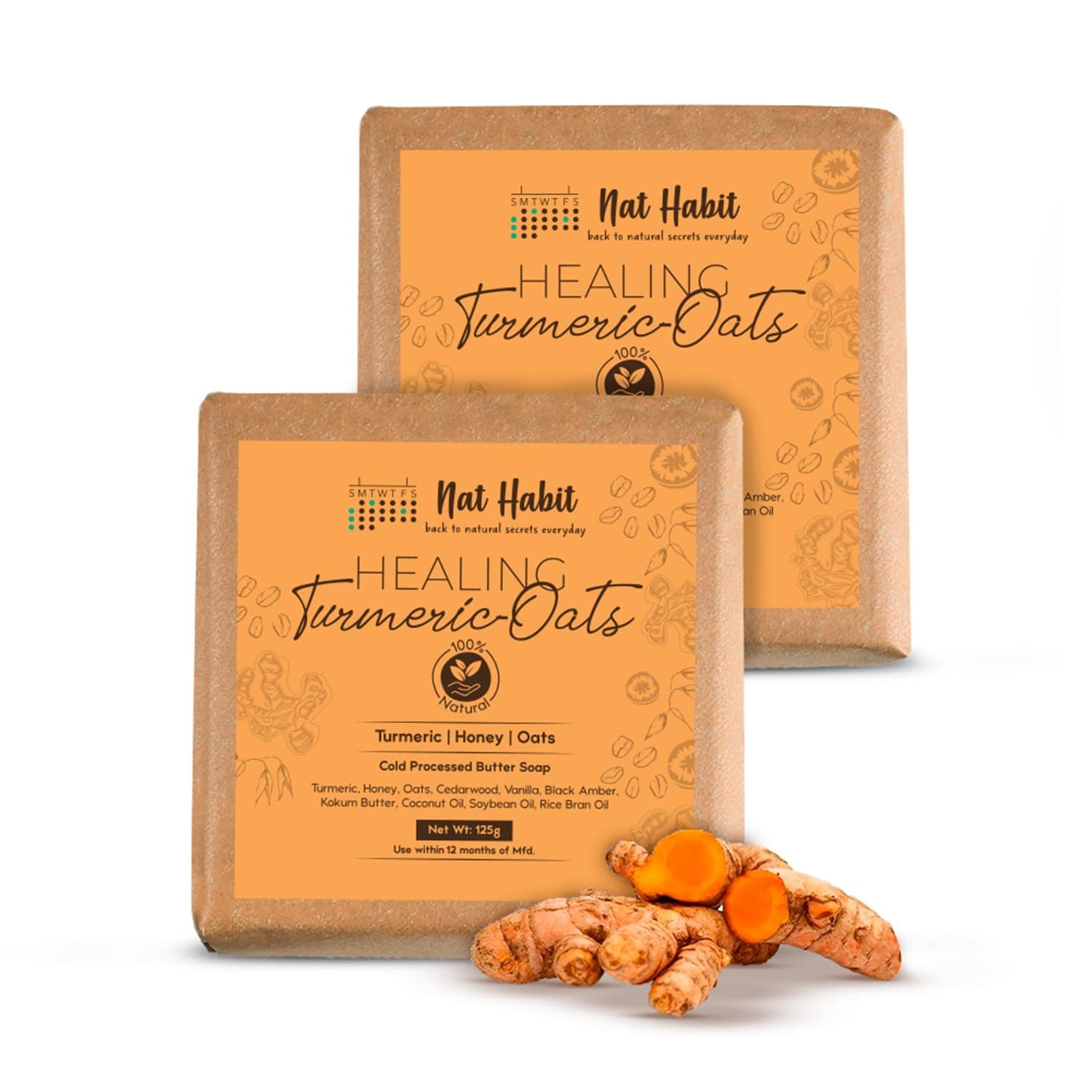Nat Habit Turmeric Oats Bath Butter Soap | Ayurvedic Body Tan Removal for Women & Men | De-Tan, Anti Tan & Antibacterial Bar| Scar Reduction & Deep Cleansing | Handmade Haldi Soap | 125g x 2