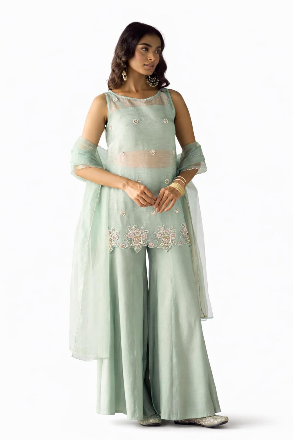 FIORRA Women Sea Green Crush Organza Hand Work Straight Kurta Set with Dupatta