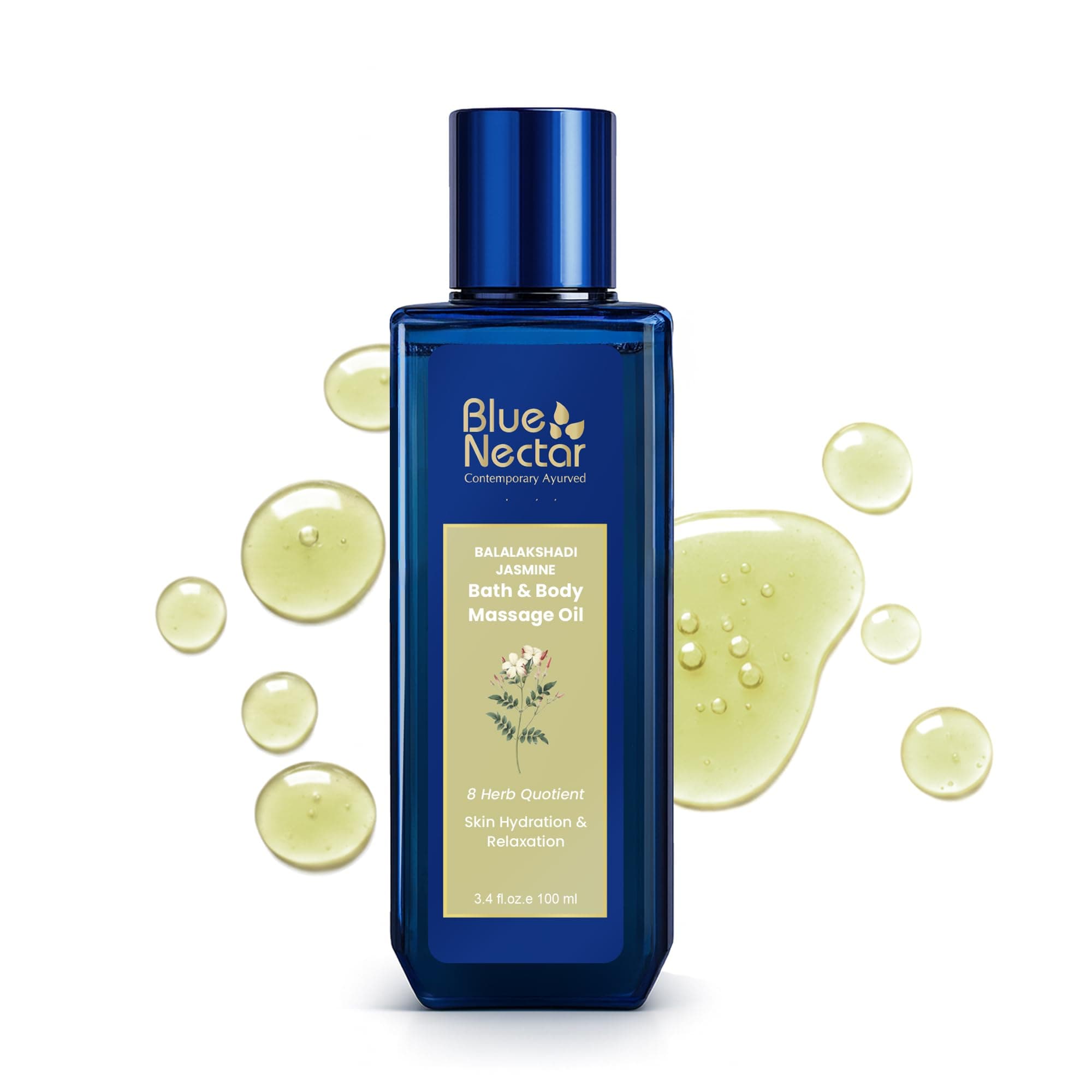 Blue Nectar Jasmine Herbal Body Oil | Natural Massage Oil for Full Body Relax & Glow | Ashwagandha & Sesame After Bath Body Oil for Women & Men (8 herbs, 100ml)