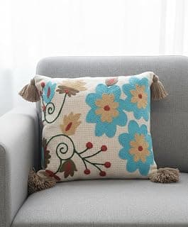 Hand Embroidered Pure Cotton Cushion Cover 16x16 Inch | Cotton Linen Decorative Throw Pillow Cover for Sofa, Chair, Office, Living Room & Bedroom (2, Sky Flowers)
