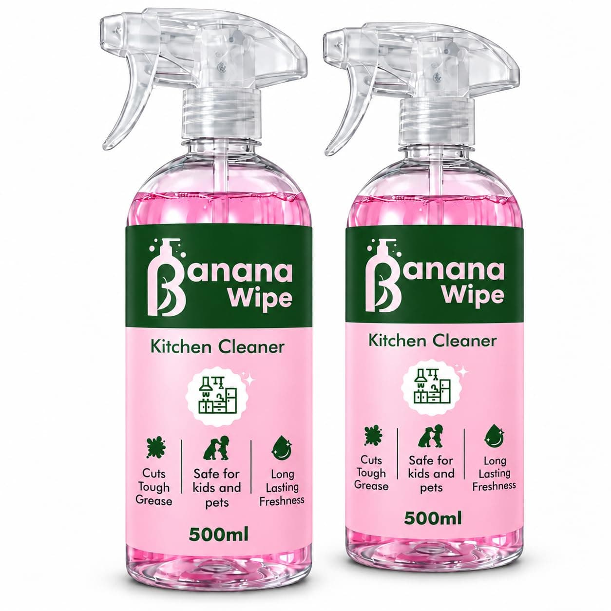 Banana Wipe Kitchen Cleaner Spray 500 ml, Pack of 2 | Heavy Duty Oil, Grease & Stain Remover for Gas Stove, Chimney, Sink, Tiles and Countertop | Multi-Surface Kitchen Degreaser