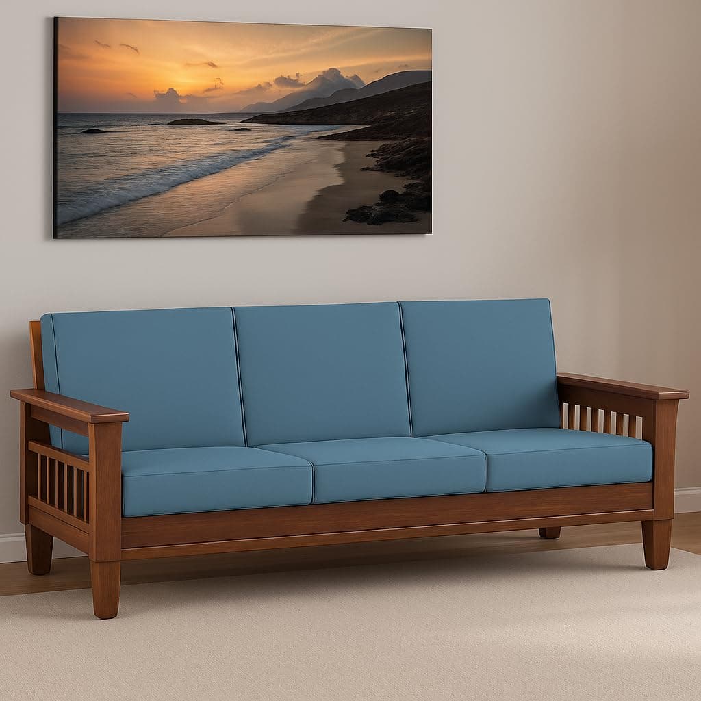 KENDALWOOD Furniture Solid Sheesham Wood 3 Seater Wooden Sofa Set with Brown Cushions 3 Seater Sofa, (Finish Color:- Teak Finish with Blue Cushions) - DIY(Do-It-Yourself)