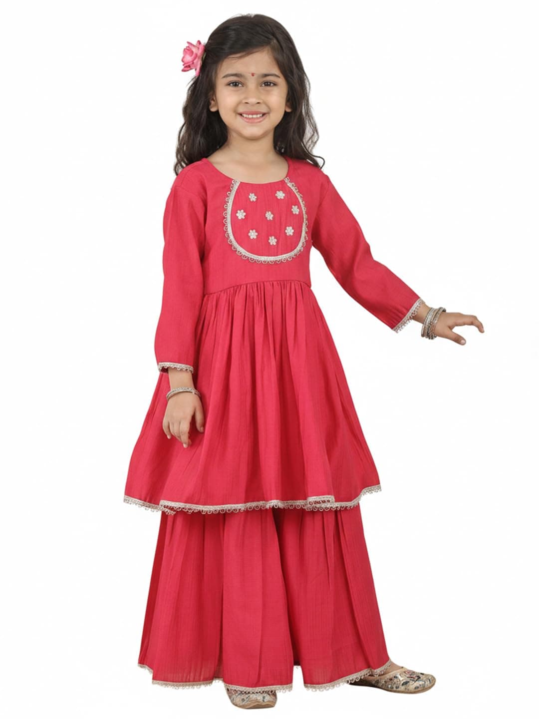 superminis Girls Silk Blend 3/4 Sleeve Embroidery Ethnic Kurti Sharara Set