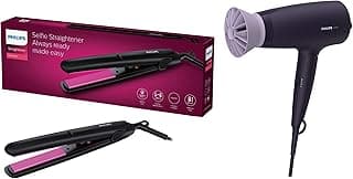PHILIPS Hair Dryer BHD318/00 1600 Watts Thermoprotect AirFlower Advanced Ionic Care 3 Heat & Speed Settings to Give Frizz Free Shiny Hair-Purple & HP8302 Selfie Straightener (Black)