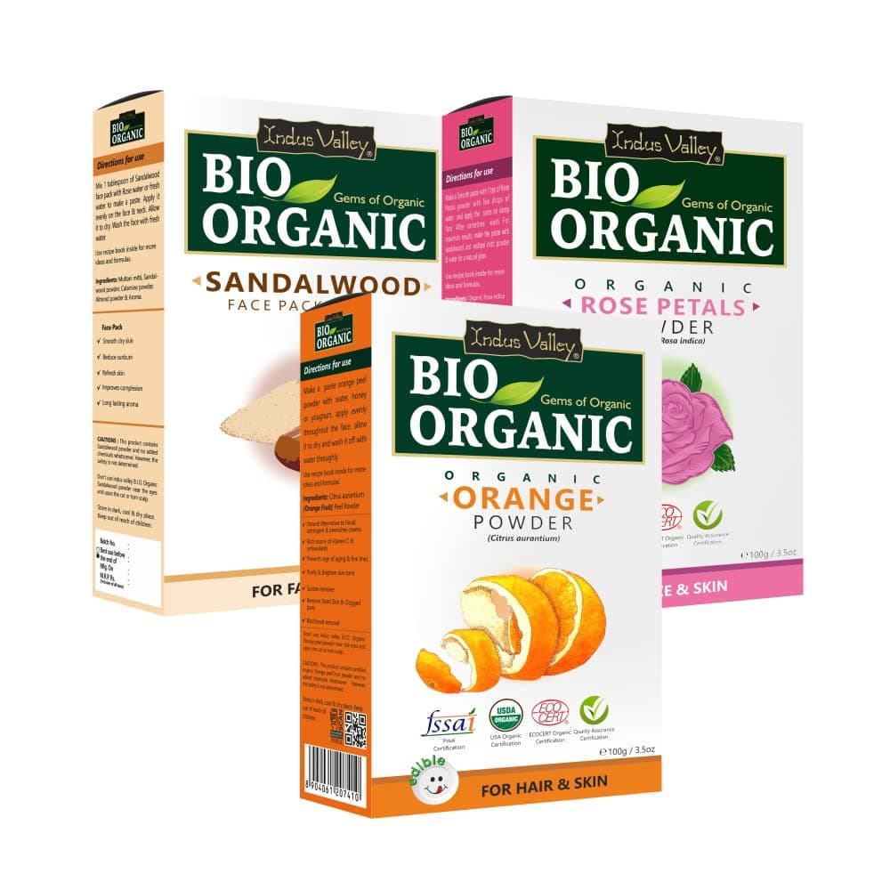 INDUS VALLEY Organic (Sandalwood Face Pack + Orange | Citrus aurantium & Rose Powder | Rosa indica) - 200+100+100=400g