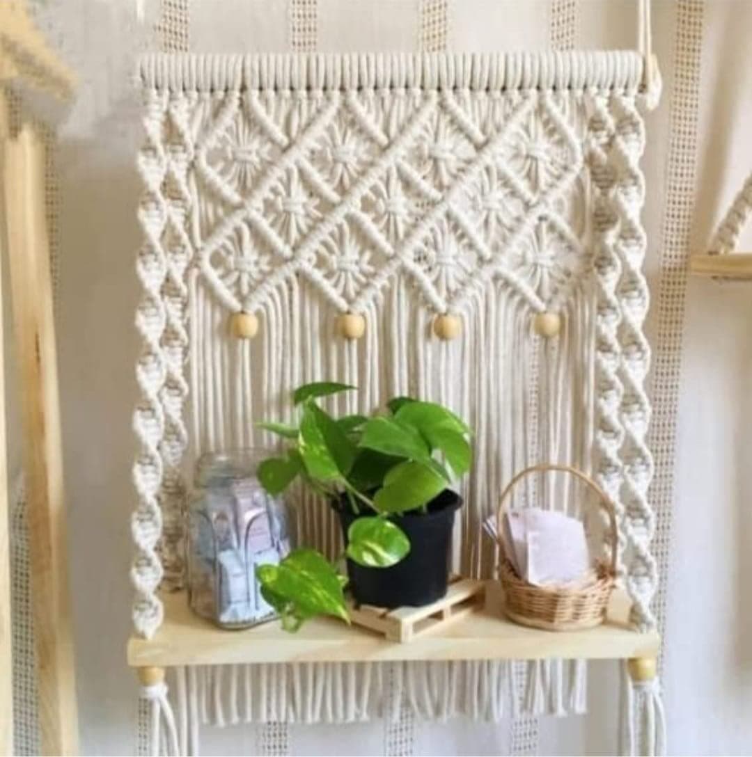 GUL DECOR Macrame Wall Hanging Shelf, Decorative Handmade Floating Wooden Shelve, Hand Woven Items for Living Room Bed Room, Gift Item Kitchen, Size 12 x 5 x 24 Inch,Off White, 1-Pcs, GD-27