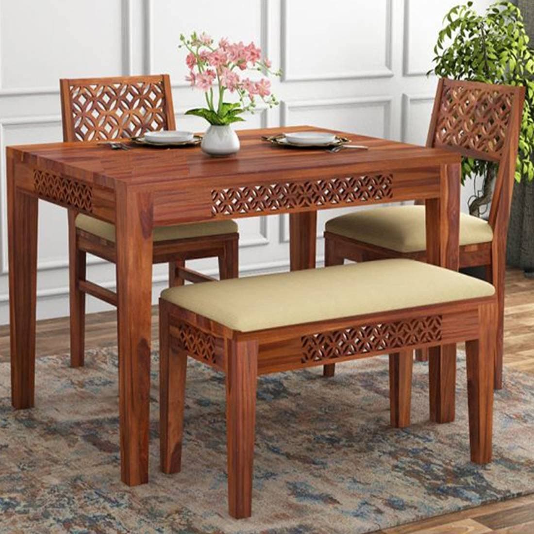 MURALICRAFT Solid Sheesham Wood Square Dining Table 4 Seater | Four Seater Dinning Table with 2 Cushioned Chairs & Cushioned Bench for Home | Dinner Table Dining Room Sets for Restaurants, Honey Brown