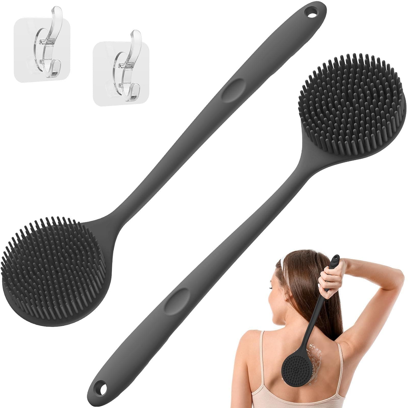 KROYWEN Premium Soft Silicone Back Scrubber Shower Bath Body Brush with Long Handle Dirt_Removal Back Scrubber | BPA-Free | For Men and Women (BLACK)(Pack Of 2)