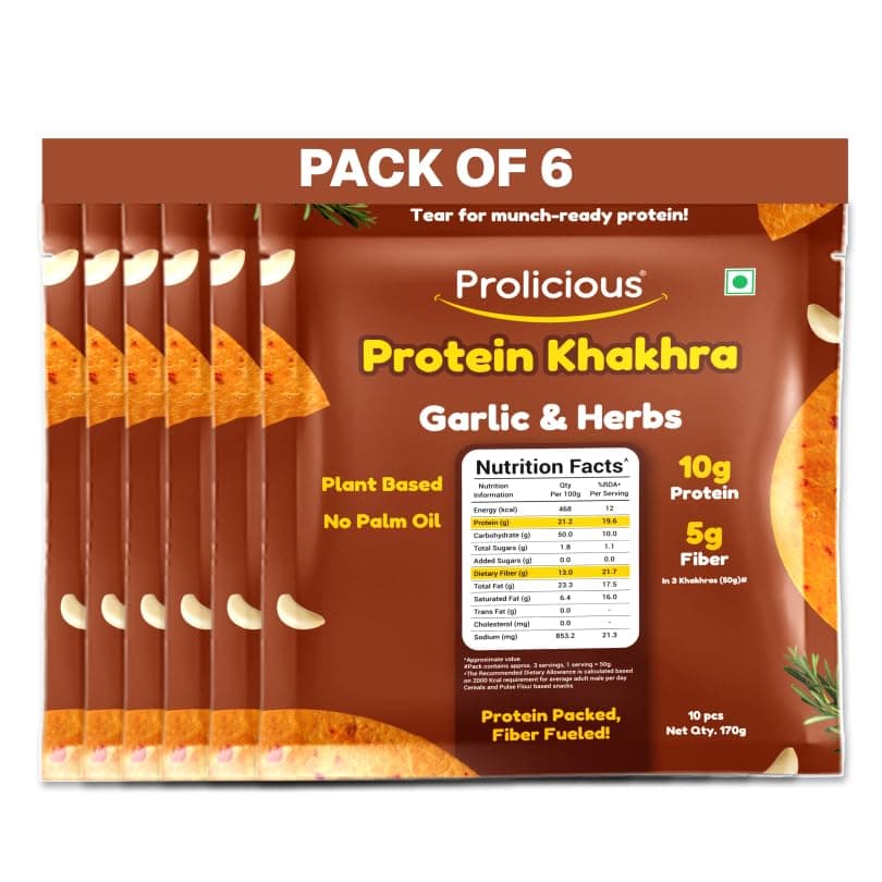 Prolicious Khakhra Garlic & Herbs High Protein Khakhra | Upgrade Your Snacking | 10g Protein + 5g Fibre | Same Crunch, Snack Smarter | Plant Based| No Palm Oil | 170g (Pack of 6)