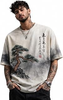 FORCE Men's Modern Cotton 3/4 Sleeve Round Neck Graphic Printed Oversized Tshirt White, Dark Green
