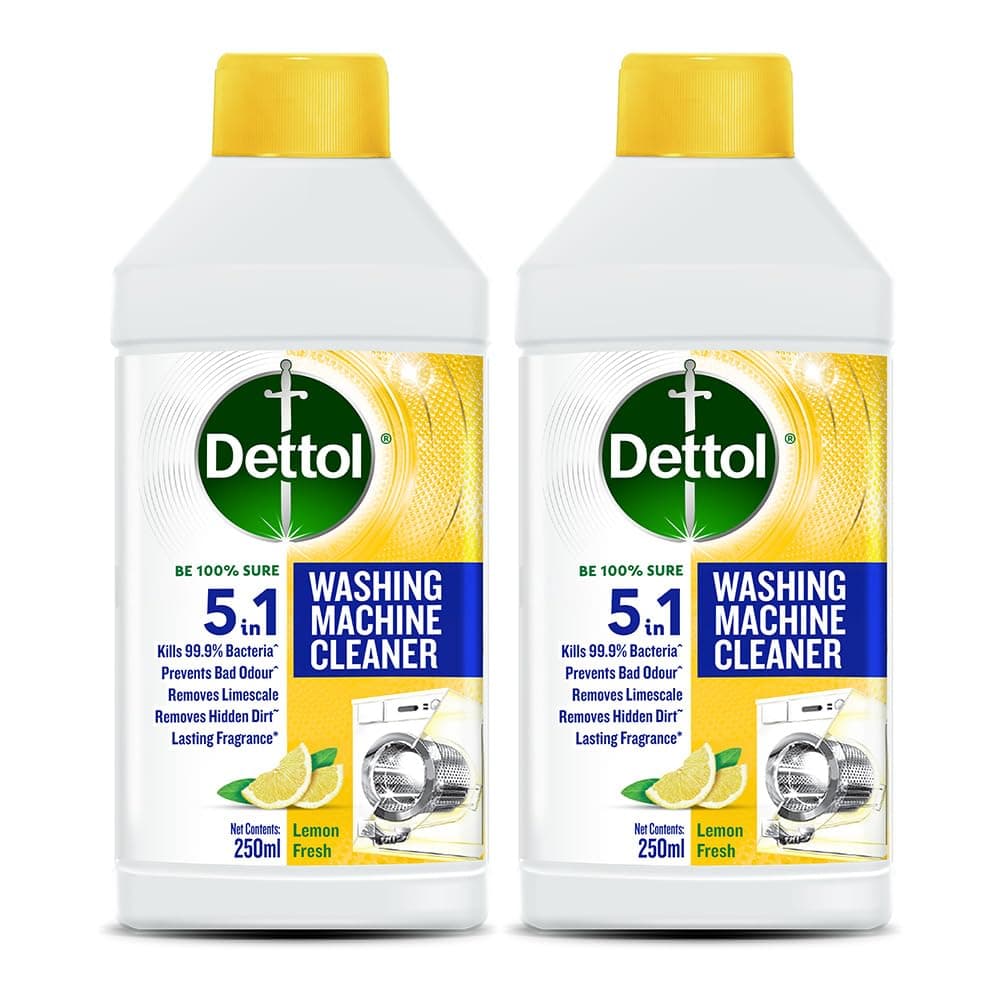 Dettol 5 in 1 Washing Machine Cleaner & Descaling Liquid for top load and front load| Lemon 250ml | Removes Limescale, Dirt and Bad odour | Kills 99.9%* Bacteria | Pack of 2