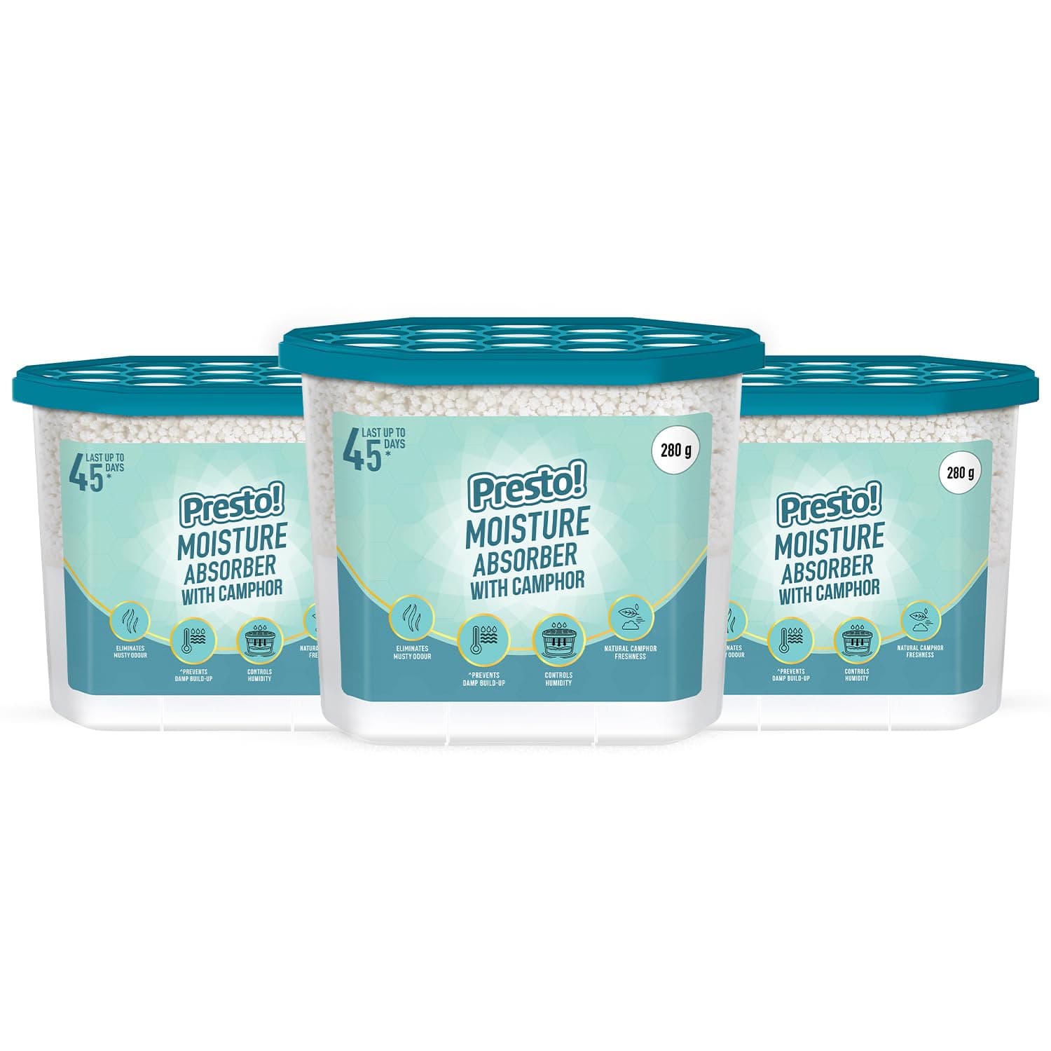 Amazon Brand - Presto! Moisture Absorber with Camphor | 280g x Pack of 3 | Absorbs Upto 600Ml Each | Eliminates Musty Odour | Lasts Upto 45 Days