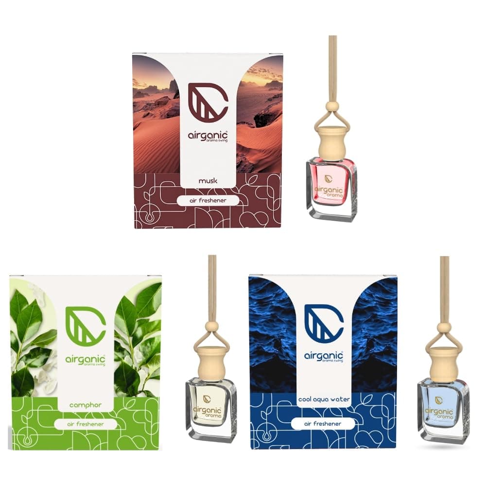Airganic Swing Prime Car Perfume Hanging Pod | Musk, Camphor & Cool Aqua Water| Pack 3 | Car Air Freshener |Natural Essential Fragrance Oils in Glass Bottle with Wooden Diffuser Lid |Last Upto 60 Days
