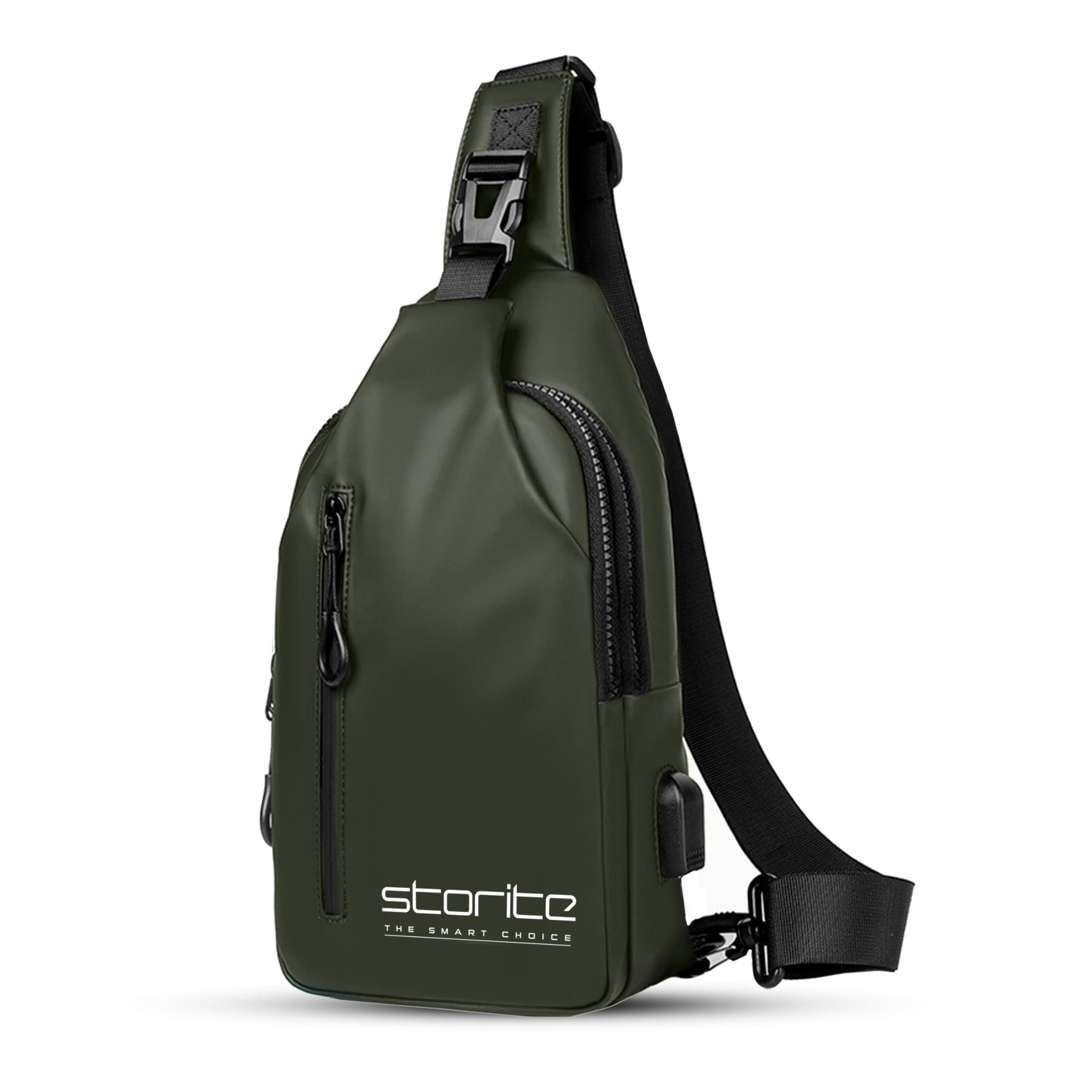 Storite Small Crossbody Chest Sling Bag, Olive, 31x17x8 cm | Water Resistant Fabric, USB Charging Port, Adjustable Shoulder Strap, Lightweight, Travel, Hiking, Outdoor, Daily Use