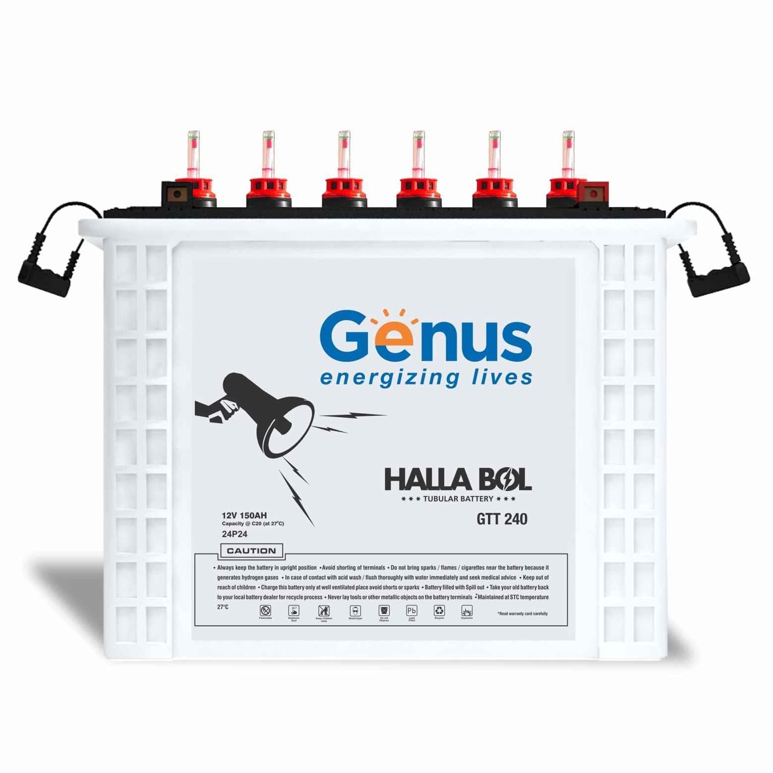 Genus Hallabol GTT240 150 AH Tall Tubular Inverter Battery with 48 Months Warranty for Home, Office & Shops, White Colour