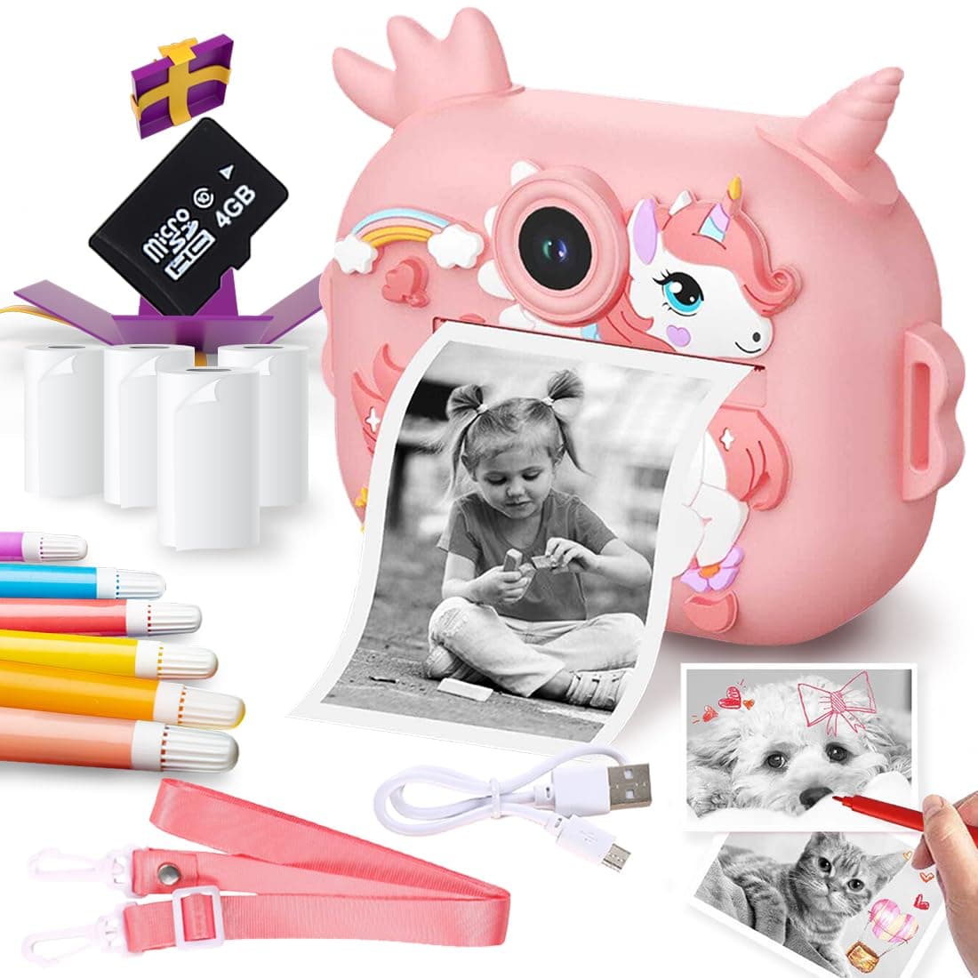 Wembley 8MP Digital Camera for Kids with Print | Instant Printing, Unicorn Design, Video Recorder, 4GB SD Card, Print Paper Rolls, Shoulder Strap for Kids 3-10 Years