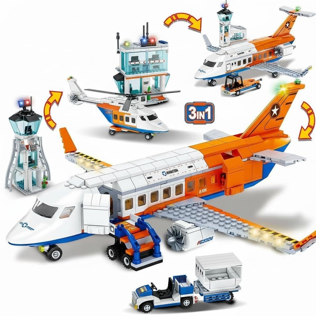 SKY LINE OCEAN City Airport Airplane Building Set – 715 PCS 3-in-1 Passenger Plane Toy with Radar Tower, Baggage Truck & Shuttle Bus – STEM Educational Building Blocks for Kids Boys Girls Ages 6+
