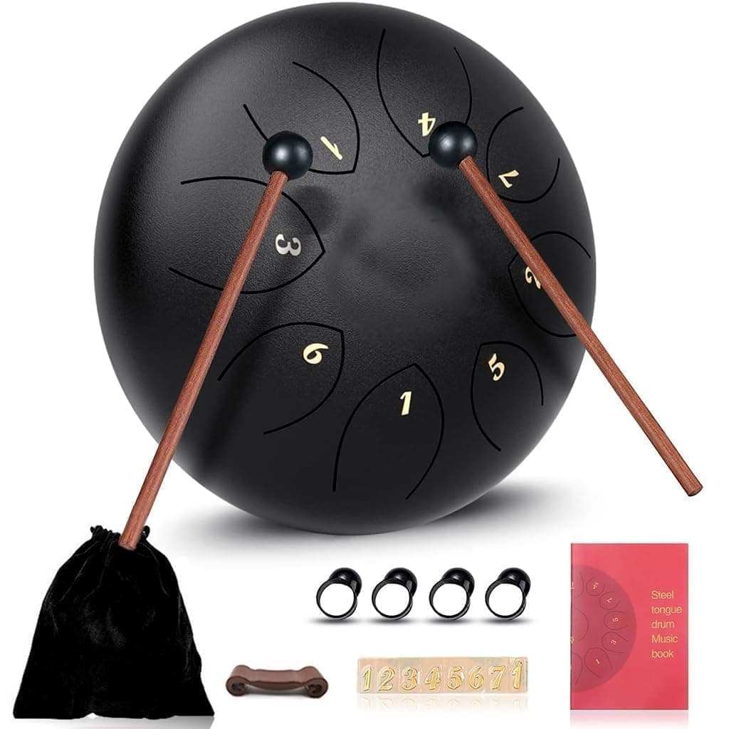 Truenix Steel Tongue Drum 8 Note, 6 inch Percussion Instrument Handpan Drum with Bag, Music Book & Mallets for Kids & Adults Meditation Musical Education Concert Mind Healing Yoga Rain Drum Black 1pcs