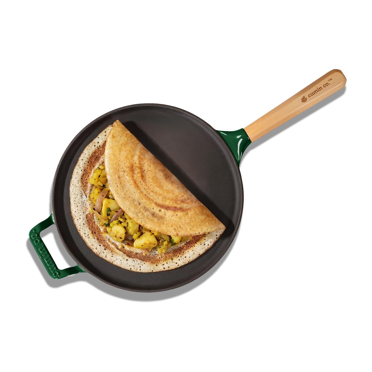 CUMIN CO. Cast Iron Non Stick Dosa Tawa 28 cm | Induction Base Cookware | 10 Year Warranty | Chemical Free Coating | Non Toxic Tawa for Dosa/Chilla | Free Accessories | No Seasoning Needed | Green