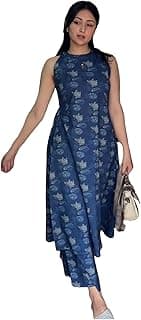 GoSriKi Viscose Printed Straight Kurta with Pant for Women | Viscose Blue | Sleeveless | High Neck | Ethnic Wear Casual Wear