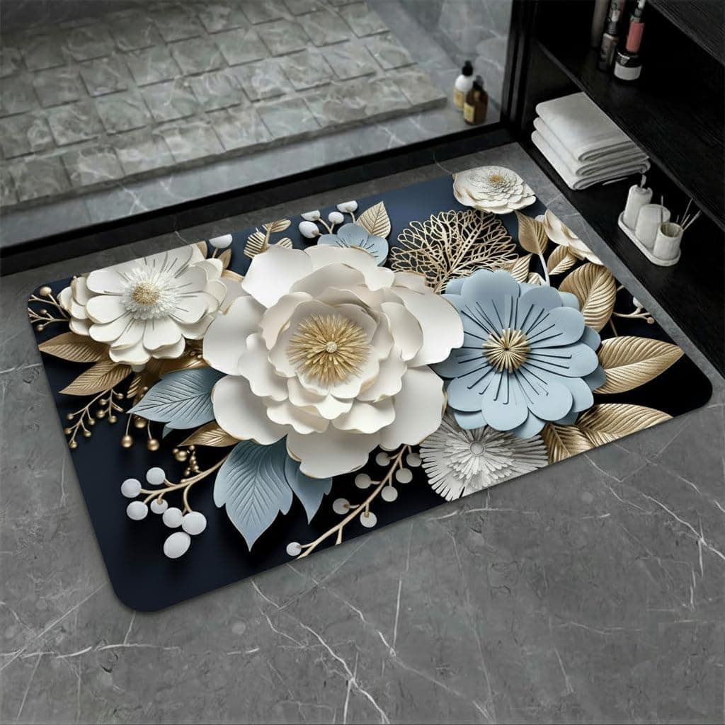 Krosen 3D Bathroom Door Mat, 3D Flower Print Bathroom Mat, Rubber Door Mat, Quick Dry Absorbent Silicone Floor Mat, Anti-Slip Cushioned Standing Comfort Mat for Bathroom Entryway Home