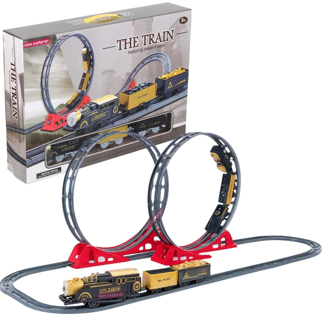 Mini Explorer Electric Train Track Set with Dual 360° Loops | Battery Operated Classic Train Toy with Tracks for Kids | Fun Racing Train Set for Boys & Girls Age 3+ Years | 136 x 64 cm Layout