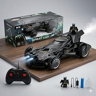 Remote Control Batman Batmobile with Mist Spray, High-Speed LED RC Car, USB Rechargeable, Racing Toy for Boys & Girls 3+, Black