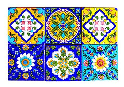 SHIV KRIPA Blue Pottery Home Decorative Home, Apartment, Flat,Hotel, Ceramics Mosaic Wall Kitchen Washroom Tiles, High Lighter Tiles 3 x 3 Inch 6 Set of Tiles (Multicolor)