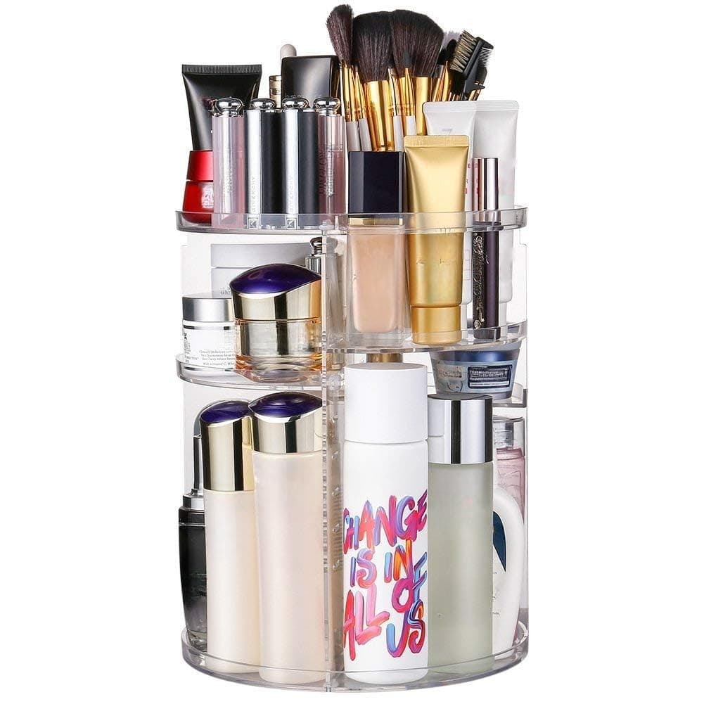 INOVERA (LABEL) Cosmetic Makeup Organizer for Women, Bride & Girls - 360 Rotating Storage Organiser Box - Dressing table Vanity Case Holder for Lipsticks, Skincare Kit & Brushes Set - Transparent