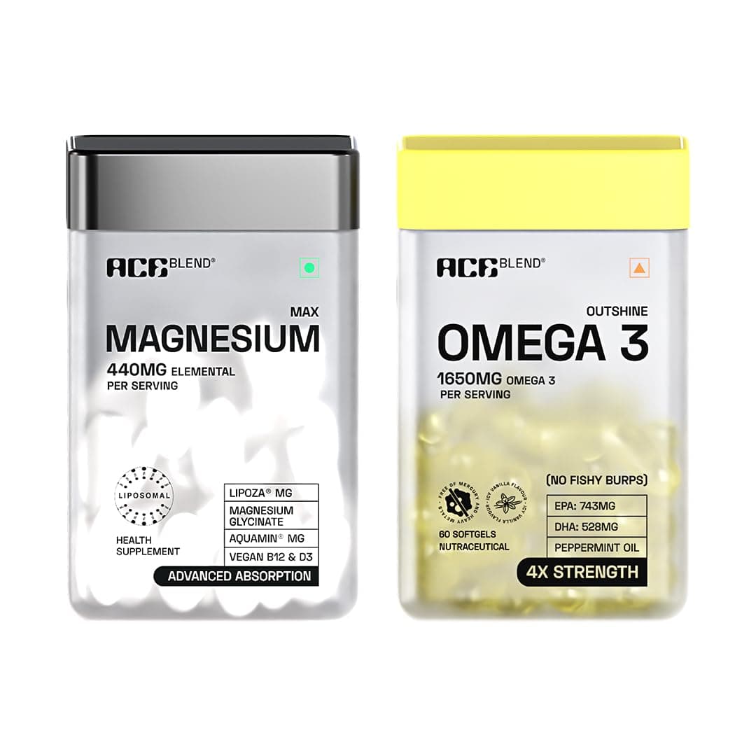 Ace Blend Max Magnesium Tablets 440mg & Outshine Omega 3 Fish Oil Capsules 1650mg for Men & Women | 60 count Each