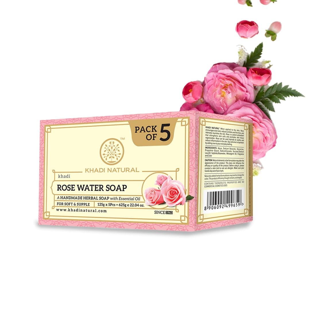 Khadi Natural Ayurvedic Rosewater Handmade Soap| Hyderates and Nourishes Skin| Vitamin Rich | Maintains pH Levels | Softens, Rejuvenates (Pack of 5) (5x125 g) (625 g)