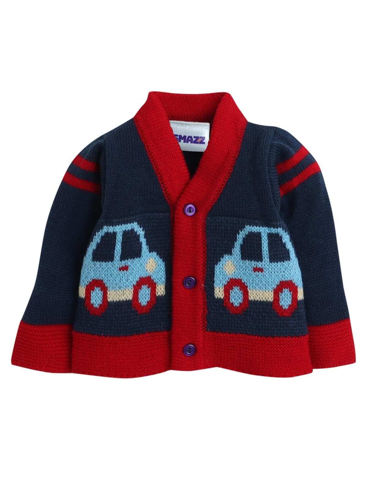 SMAZZ Baby Woollen Cardigan Sweater | Car & Truck Pattern | Warm Winter Wear for Infants & Toddlers | Full Sleeves V-Neck Knit Pullover for Boys & Girls (0-2 Years)